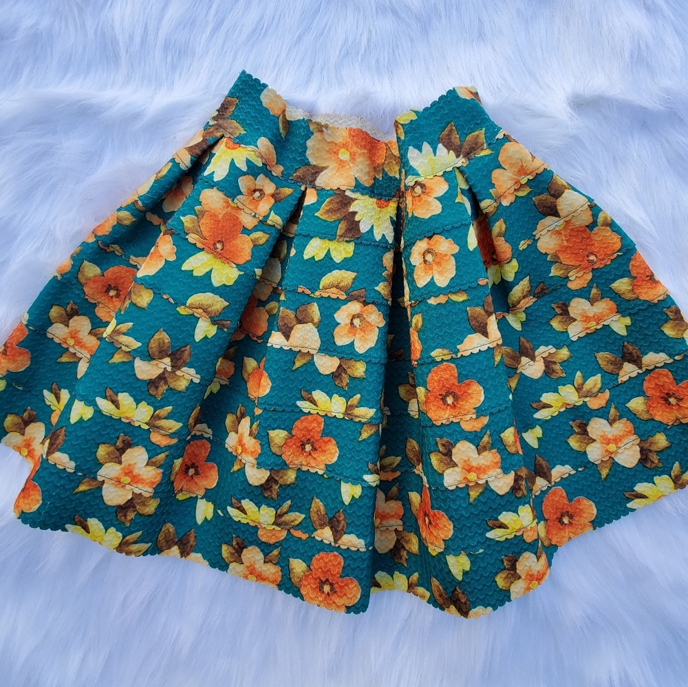 A Line Mini Skirt Turquoise with Orange Flowers